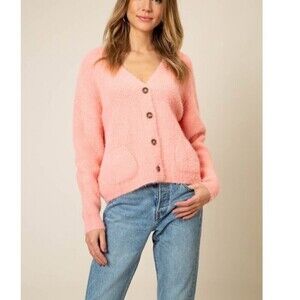 4SI3NNAI Women's Kelsey Soft Fuzzy Buttons Cardigan In Pink Geranium Size M